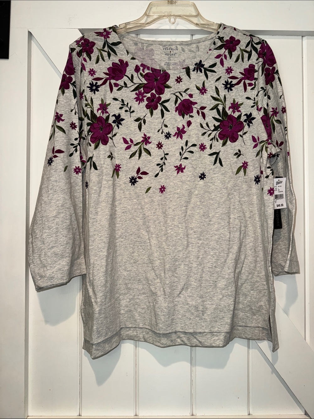 Preswick & Moore Light Gray Long-Sleeve Tee with Purple Floral Print